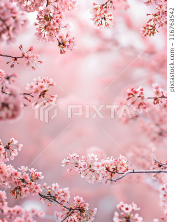 Soft pink background with central blank space, edged by gently curving branches cherry blossoms 116768542