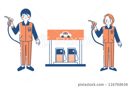 Illustration set of gas station and clerk Illustration material of building and person Male and female pair 116768636