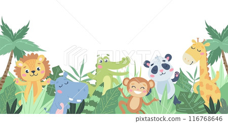 Children s animals background. Cute animals in the jungle on white. Vector illustration in flat style 116768646