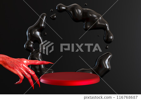 Haunting Halloween themed podium with a sinister hand and dynamic black liquid against a dark backdrop, perfect for spooky season marketing, product displays, or creative presentations. 3D render. Haunting Halloween themed podium with a sinister hand and dynamic black liquid against a dark backdrop, perfect for spooky season marketing, product displays, or creative presentations. 3D render. 116768687