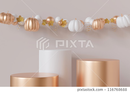 Halloween podiums with golden and white pumpkins on neutral, beige background. Mock up for product, cosmetic presentation. Pedestal or platform. Empty scene. Stage, display, showcase. Copy space. 3D. 116768688