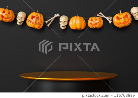 Halloween product display podium, embellished with carved pumpkins, skulls, and bones against dark backdrop, ideal for festive promotions, seasonal marketing, or holiday-themed product showcases. 3D. Halloween product display podium, embellished with carved pumpkins, skulls, and bones against dark backdrop, ideal for festive promotions, seasonal marketing, or holiday-themed product showcases. 3D. 116768689