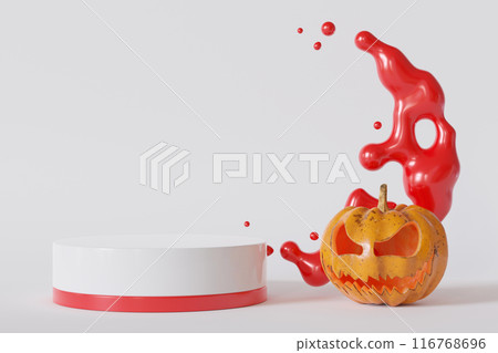 Vibrant Halloween-themed product display podium featuring dynamic red liquid splash and carved pumpkin. Perfect for seasonal promotions, Halloween products, and creative advertising campaigns. 3D. Vibrant Halloween-themed product display podium featuring dynamic red liquid splash and carved pumpkin. Perfect for seasonal promotions, Halloween products, and creative advertising campaigns. 3D. 116768696