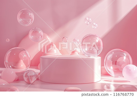 Cylinder empty podiums and floating soap bubbles on pastel pink background. Transparent round blank pedestal place for cosmetics product display. Platform. Scene with geometrical forms glass balls Cylinder empty podiums and floating soap bubbles on pastel pink background. Transparent round blank pedestal place for cosmetics product display. Platform. Scene with geometrical forms glass balls 116768770