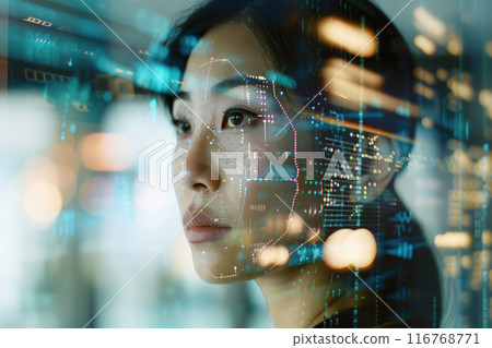 Futuristic portrait of Asian girl with glowing data visualization reflection of the screen. Woman In the network with line of code projected on her face. VR screen, AI Artificial Intelligence concept Futuristic portrait of Asian girl with glowing data visualization reflection of the screen. Woman In the network with line of code projected on her face. VR screen, AI Artificial Intelligence concept 116768771