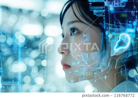 Futuristic portrait of Asian girl with glowing data visualization reflection of the screen. Woman In the network with line of code projected on her face. VR screen, AI Artificial Intelligence concept Futuristic portrait of Asian girl with glowing data visualization reflection of the screen. Woman In the network with line of code projected on her face. VR screen, AI Artificial Intelligence concept 116768772