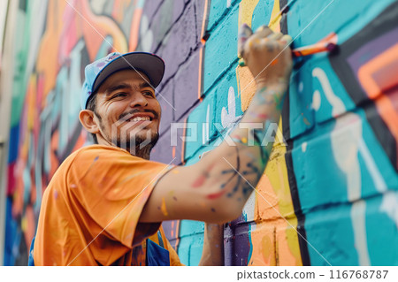 Street artist drawing graffiti, looking to the wall with his paintings. Stylish young man, graffiti artist painting artwork outdoors. Urban painter made big street art. Entertainment, youth subculture 116768787