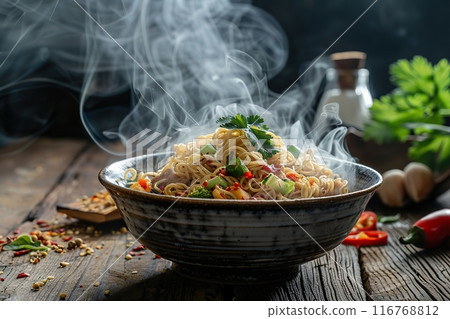 Stir fry noodles with vegetables and beef in black bowl. Chow mein dish. Hot ramen noodle with steam smoke, green onion in black bowl on wooden table background. Spicy Asian meal. Junk food concept. 116768812