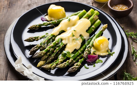 Plate of perfectly grilled asparagus spears, drizzled with creamy hollandaise sauce, offering a deliciously rich and elegant combination of flavors and textures for a refined dish. AI Generated 116768925