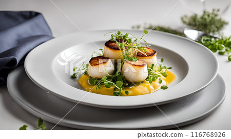 Fine dining at its best with seared scallops paired with a silky cauliflower puree and fresh microgreens. An elegant and luxurious dish showcasing refined flavors and textures. AI Generated 116768926