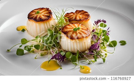 Enjoy a delicious and luxurious dinner featuring seared scallops atop a creamy cauliflower puree and garnished with fresh microgreens. A refined dish that combines elegance. AI Generated 116768927