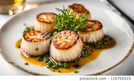 Fresh and juicy seared scallops, showcasing succulent seafood flavor. Each scallop is perfectly cooked to offer a delightful tender texture with a refreshing taste. AI Generated Fresh and juicy seared scallops, showcasing succulent seafood flavor. Each scallop is perfectly cooked to offer a delightful tender texture with a refreshing taste. AI Generated 116768928