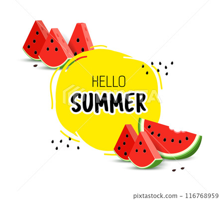 Realistic illustration of triangular watermelon juicy slices. Banner with text in round hello summer. 116768959