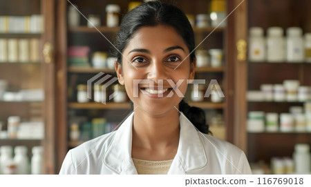 Indian female pharmacist working at a pharmacy 116769018