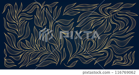 Vector art deco gold leaf pattern, luxury leaves floral background. Abstract nature elegant linear illustration, botanical wavy fancy ornament Vector art deco gold leaf pattern, luxury leaves floral background. Abstract nature elegant linear illustration, botanical wavy fancy ornament 116769062