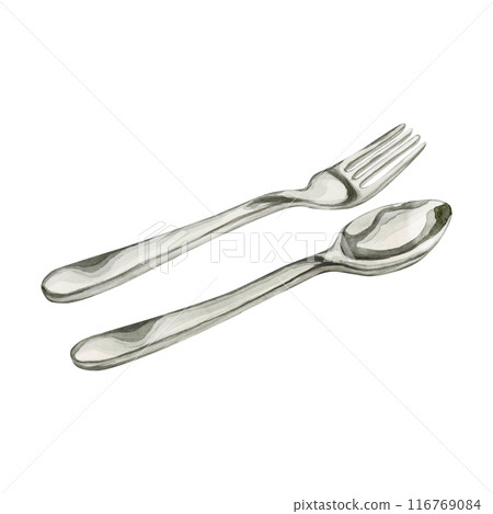 Silver steel fork and spoon. Kitchen utensil, flatware. Watercolor food illustration hand painted isolated on white background for cooking book, table textile, confectionery design, kithen prints 116769084