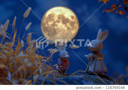 兩隻兔子抬頭看月亮 116769166