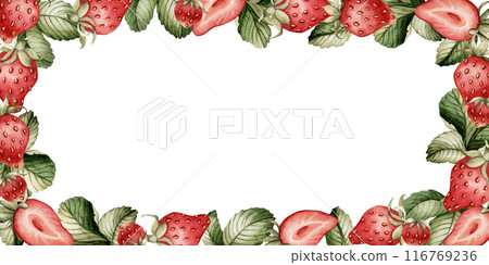 Strawberry, berries with green leaves, watercolor isolated illustration. Seamless border, horizontal frame for table textile, porcelain tableware, kitchen utensil, card, label and food package Strawberry, berries with green leaves, watercolor isolated illustration. Seamless border, horizontal frame for table textile, porcelain tableware, kitchen utensil, card, label and food package 116769236