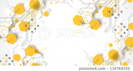 Abstract circuit board background with hexagons. Hi-tech digital technology concept. Hand drawn vector. Abstract circuit board background with hexagons. Hi-tech digital technology concept. Hand drawn vector. 116769350