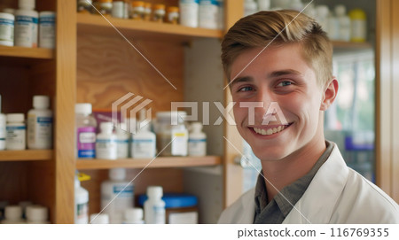 Smiling young Caucasian male pharmacist working in a pharmacy Smiling young Caucasian male pharmacist working in a pharmacy 116769355