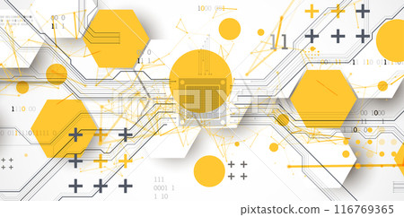 Abstract circuit board background with hexagons. Hi-tech digital technology concept. Hand drawn vector. 116769365
