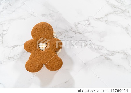 Gingerbread cookies filled with eggnog buttercream stand out, their rich hue complementing the eggnog buttercream, against a gentle background. These festive treats exude a homemade allure. 116769434