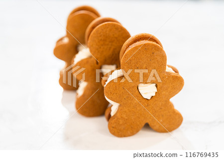 Gingerbread cookies filled with eggnog buttercream stand out, their rich hue complementing the eggnog buttercream, against a gentle background. These festive treats exude a homemade allure. 116769435