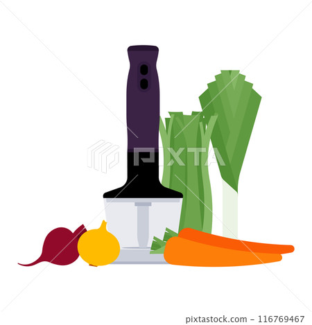 Cooking. Hand blender with chopper bowl and vegetables. Clean and simple style. Minimalist vector illustration, composition, isolated on white 116769467