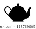 Teapot. Black silhouette. Tableware for hot drinks, kitchen utensil. Flat vector shape for stencil, template, design. 116769605