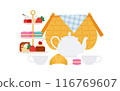 Picnic Tea Party. Summer food on a recreation area - wicker basket, teapot, cups, sweets and pastries, small cakes. Summer outdoor picnic. Simplicity and clear illustration. Isolated flat vector 116769607