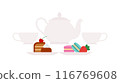 Afternoon tea. Porcelain tea set - cups, teapot, sweets and pastry. Tea time concept. Decorative tableware, hot drink and confectionary. Simple and quit illustration. Flat vector, isolated 116769608