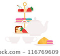Tea time. Afternoon tea with biscuits and cakes. Porcelain set and dessert stand: french macarons, berries, pastry. Clean and simple style. Vector, isolated 116769609