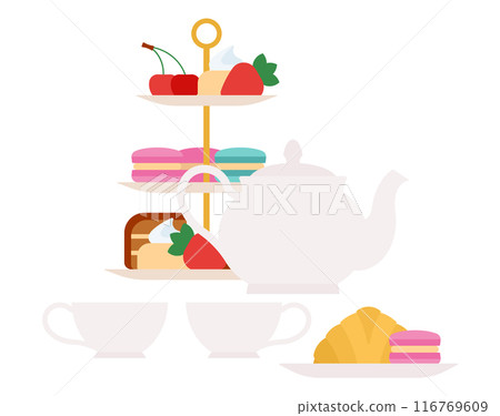 Tea time. Afternoon tea with biscuits and cakes. Porcelain set and dessert stand: french macarons, berries, pastry. Clean and simple style. Vector, isolated Tea time. Afternoon tea with biscuits and cakes. Porcelain set and dessert stand: french macarons, berries, pastry. Clean and simple style. Vector, isolated 116769609