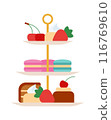 Cake stand. Three tier cake stand with cakes, pastries, biscuits and scones. Tableware to display sandwiches and desserts. Simple and clear illustration. Isolated flat vector 116769610