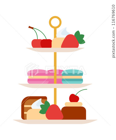 Cake stand. Three tier cake stand with cakes, pastries, biscuits and scones. Tableware to display sandwiches and desserts. Simple and clear illustration. Isolated flat vector Cake stand. Three tier cake stand with cakes, pastries, biscuits and scones. Tableware to display sandwiches and desserts. Simple and clear illustration. Isolated flat vector 116769610
