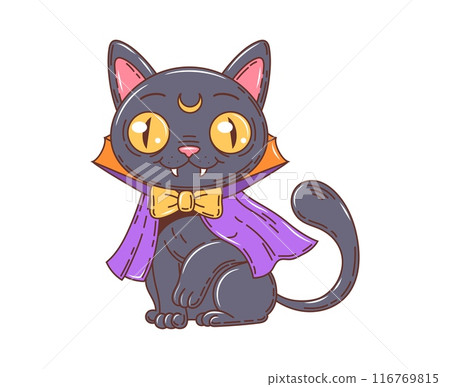 Cartoon retro groovy Halloween witch cat, dressed as a vampire. Isolated vector cute black kitten animal character with yellow eyes and fangs wearing purple cape and bow tie. Playful and spooky feline Cartoon retro groovy Halloween witch cat, dressed as a vampire. Isolated vector cute black kitten animal character with yellow eyes and fangs wearing purple cape and bow tie. Playful and spooky feline 116769815