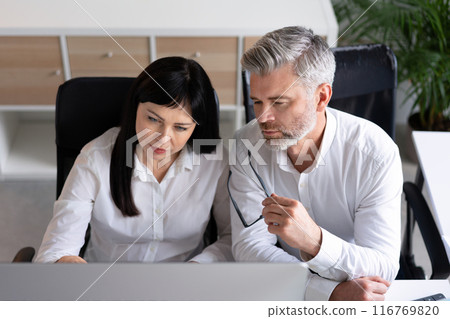 Focused Business Team Collaborating on Project in Office Focused Business Team Collaborating on Project in Office 116769820