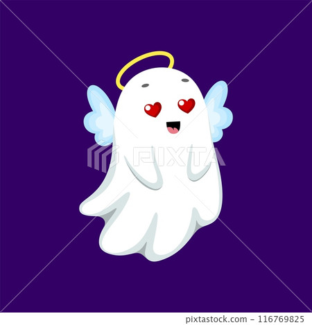 Cartoon kawaii Halloween ghost angel character. Isolated cute vector spook with white wings, halo, heart-shaped eyes and endearing smile, radiating gentle and loving aura of innocence and sweetness Cartoon kawaii Halloween ghost angel character. Isolated cute vector spook with white wings, halo, heart-shaped eyes and endearing smile, radiating gentle and loving aura of innocence and sweetness 116769825