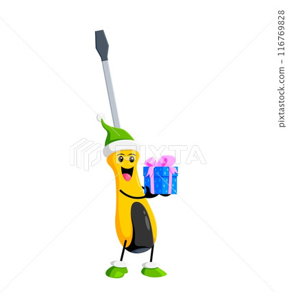 Cartoon Christmas screwdriver diy and repair tool character joyfully holding a gift box. Isolated vector festive personage with a cheerful smile, ready to spread holiday cheer and handy surprises 116769828
