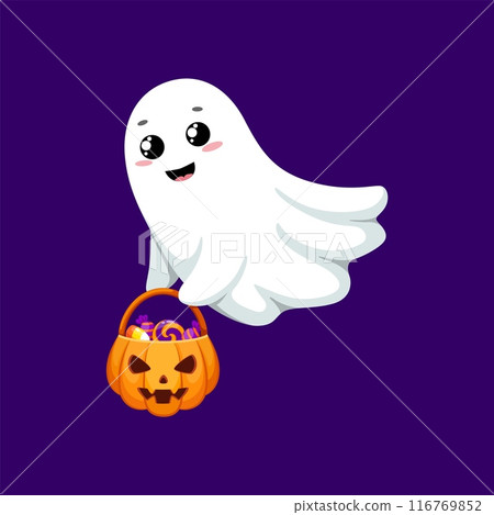 Funny cartoon Halloween kawaii ghost character holding pumpkin bucket with candy treat, radiating spookiness and cuteness. Isolated cute vector baby spook personage enjoying trick or treat party night 116769852