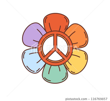 70s, 80s retro cartoon groovy flower with peace sign and rainbow petals, vector hippie daisy symbol. Hippie flower power for peace and love in groovy retro cartoon for good positive vibes and peace 70s, 80s retro cartoon groovy flower with peace sign and rainbow petals, vector hippie daisy symbol. Hippie flower power for peace and love in groovy retro cartoon for good positive vibes and peace 116769857