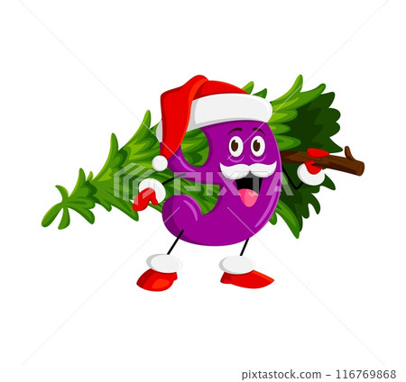Cartoon math number nine Christmas and new year character dressed in Santa attire, carrying holiday tree. Isolated vector numerical personage blending learning and holiday cheer with playful demeanor Cartoon math number nine Christmas and new year character dressed in Santa attire, carrying holiday tree. Isolated vector numerical personage blending learning and holiday cheer with playful demeanor 116769868