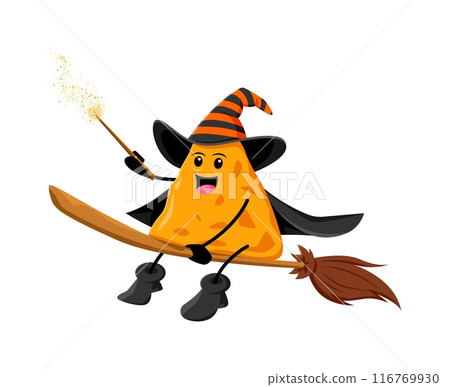 Cartoon Halloween nachos tex mex fast food mage, wizard and witch character. Isolated vector mexican meal personage wields magical powers, riding a broom, casting spells with a wand and spreading joy 116769930