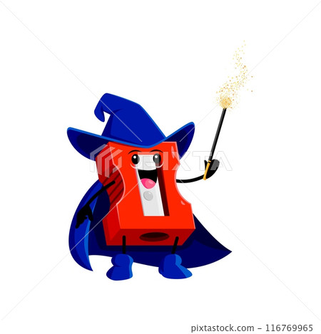 Cartoon Halloween pencil sharpener school stationery mage, wizard and witch character. Isolated vector whimsical personage dons enchanting wiz costume, complete with a pointy hat and magical wand Cartoon Halloween pencil sharpener school stationery mage, wizard and witch character. Isolated vector whimsical personage dons enchanting wiz costume, complete with a pointy hat and magical wand 116769965
