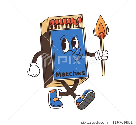 Groovy retro cartoon travel character, matches box with funky face, vector comic smile. Groovy travel emoji or emoticon of backpacker traveler or tourist box of matches with fire for summer vacations 116769991