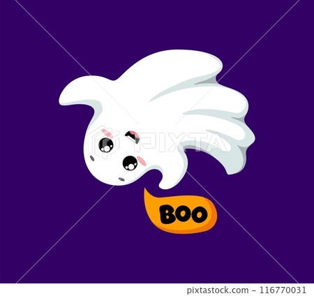 Cartoon kawaii Halloween ghost character with cute mischievous face and raised arms saying boo. Vector funny and charming, spooky and adorable spirit flying at holiday night and playfully frighten 116770031