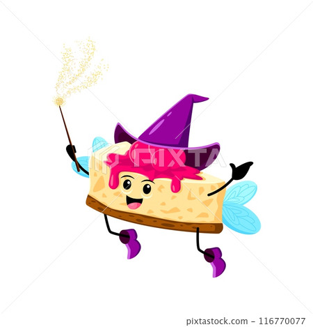 Cartoon Halloween cheesecake fast food mage, wizard and witch character. Isolated vector whimsical sweet fairy personage wielding a wand, concocts magical desserts amidst a swirl of enchanted treats 116770077
