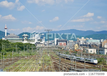 The Haruka Express train runs alongside Toji Temple in Kyoto The Haruka Express train runs alongside Toji Temple in Kyoto 116770099
