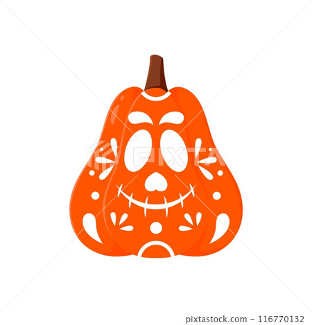 Halloween mexican pumpkin lantern carving icon. Halloween pumpkin face decoration, Mexican Day of the Dead holiday cute carving skull or Mexico holiday funny Jack o lantern vector print or tattoo 116770132