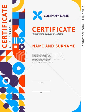 Certificate template with Memphis geometric elements for diploma award, vector background. Education certificate or graduation appreciation diploma template with Memphis pattern and minimal shapes Certificate template with Memphis geometric elements for diploma award, vector background. Education certificate or graduation appreciation diploma template with Memphis pattern and minimal shapes 116770145